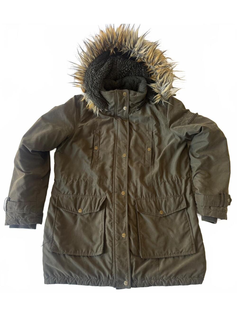 Polyester parka jacket, DKNY, military-style with faux fur